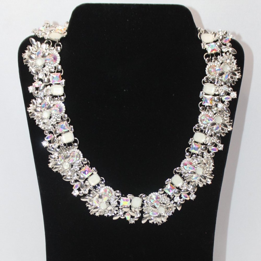 Iridescent and Classic White Silver Tone Statement Necklace